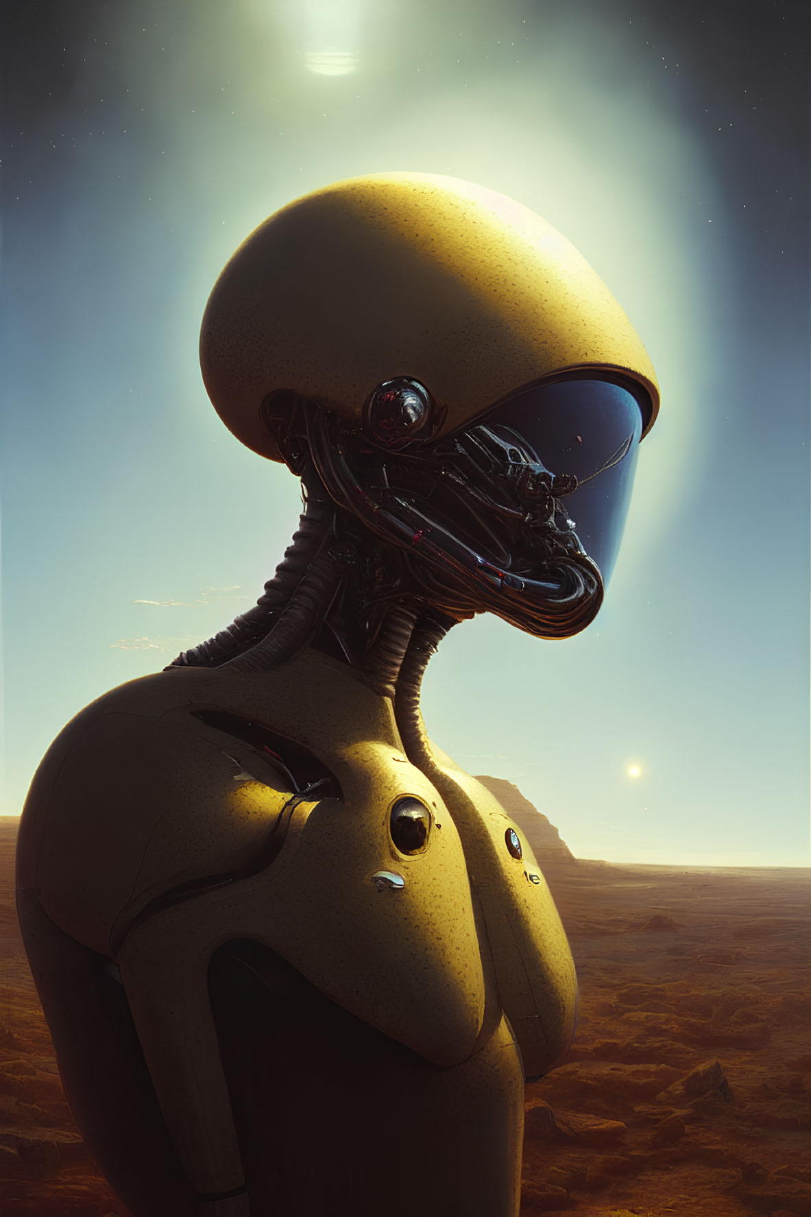 Golden humanoid robot in desert landscape under celestial sky