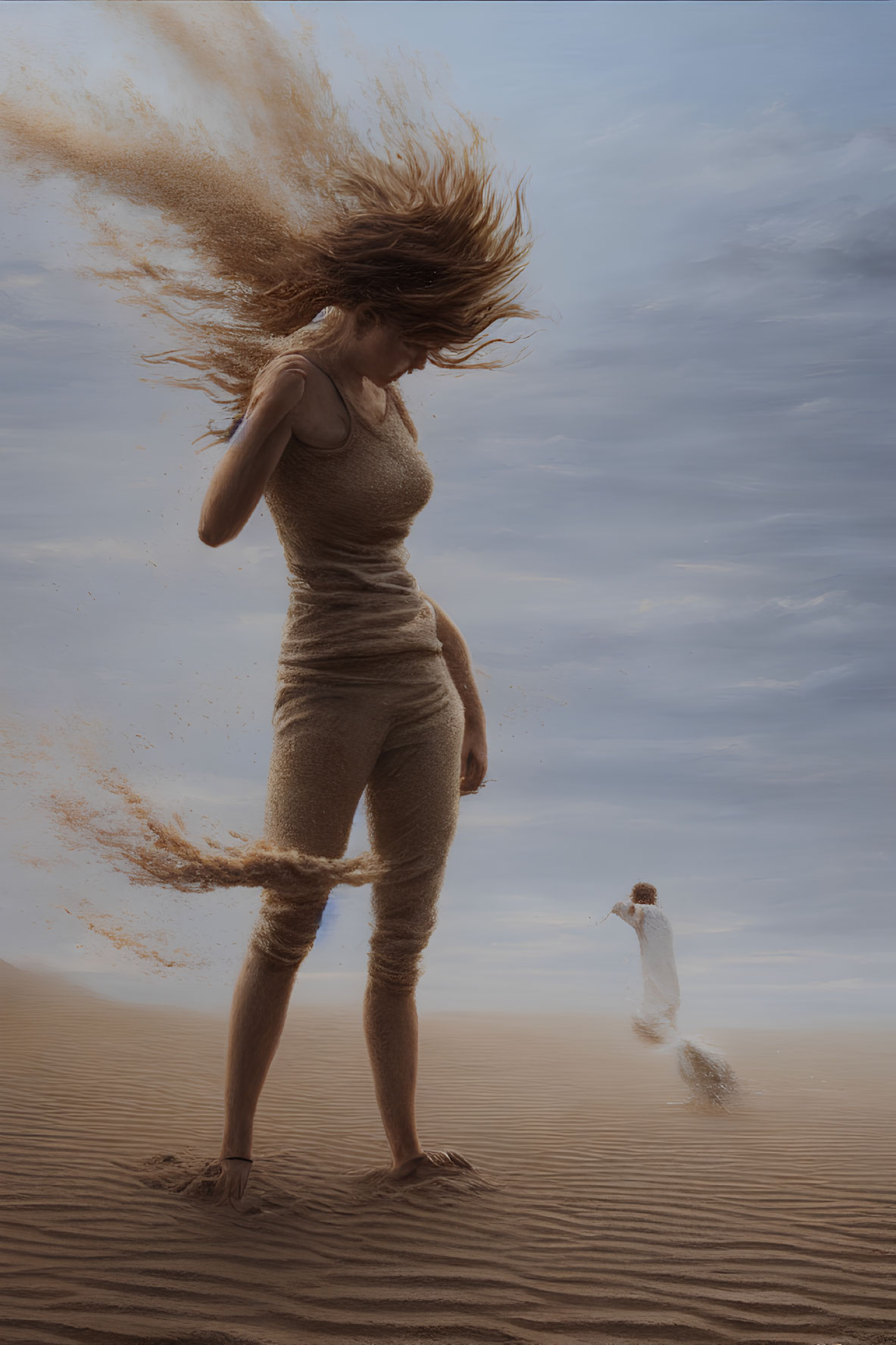 Woman disintegrating into sand in desert with white dog viewing