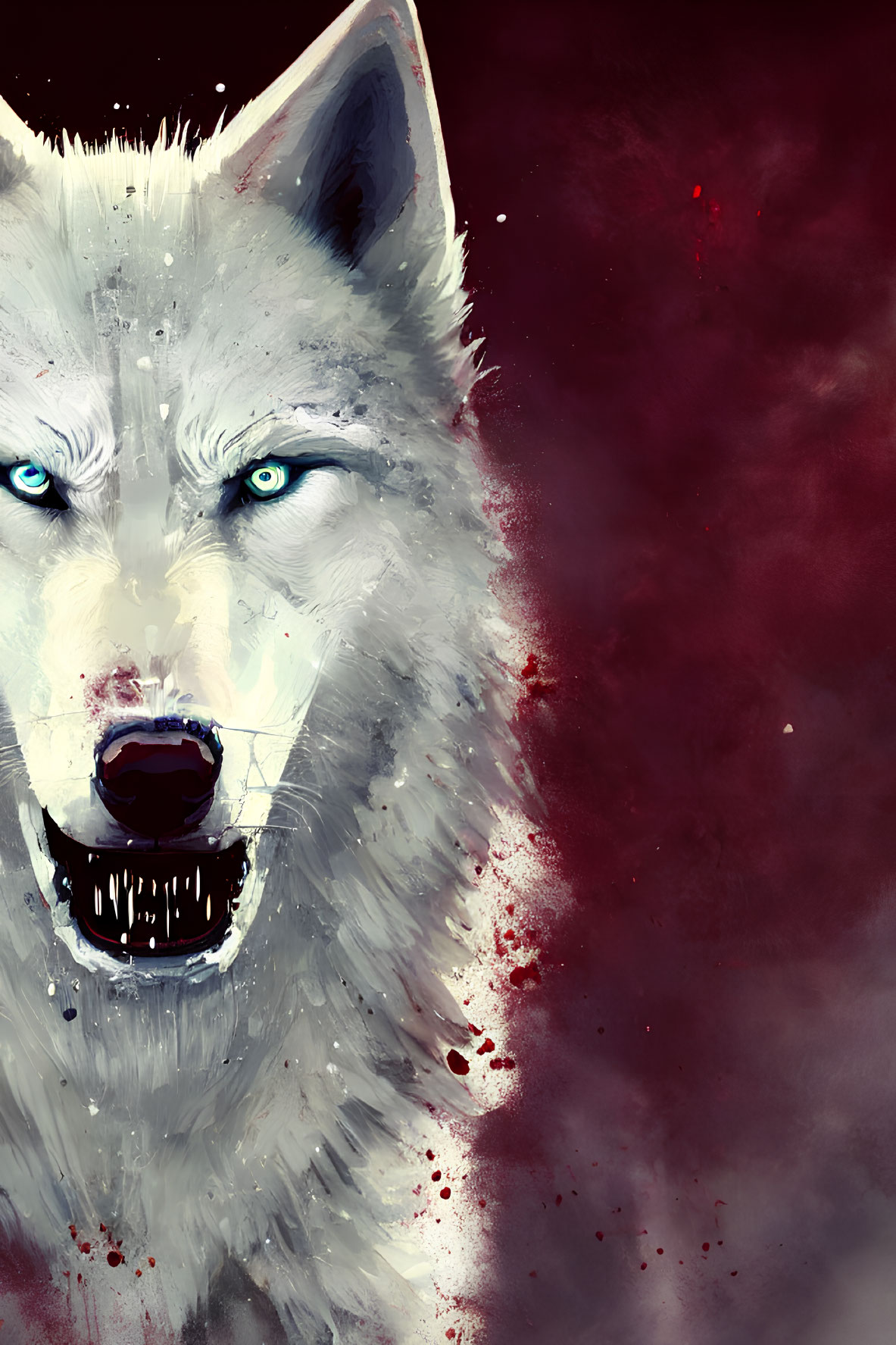 White Wolf Digital Painting with Blue Eyes on Dark Red Background