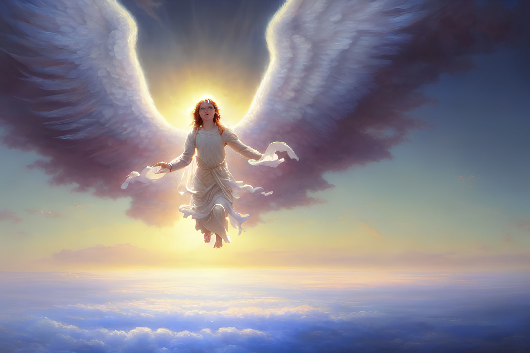 Radiant winged figure in golden light soaring above clouds