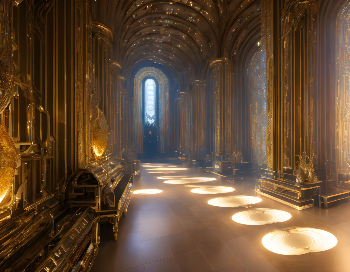 Gothic architecture hall with golden decor and illuminated window