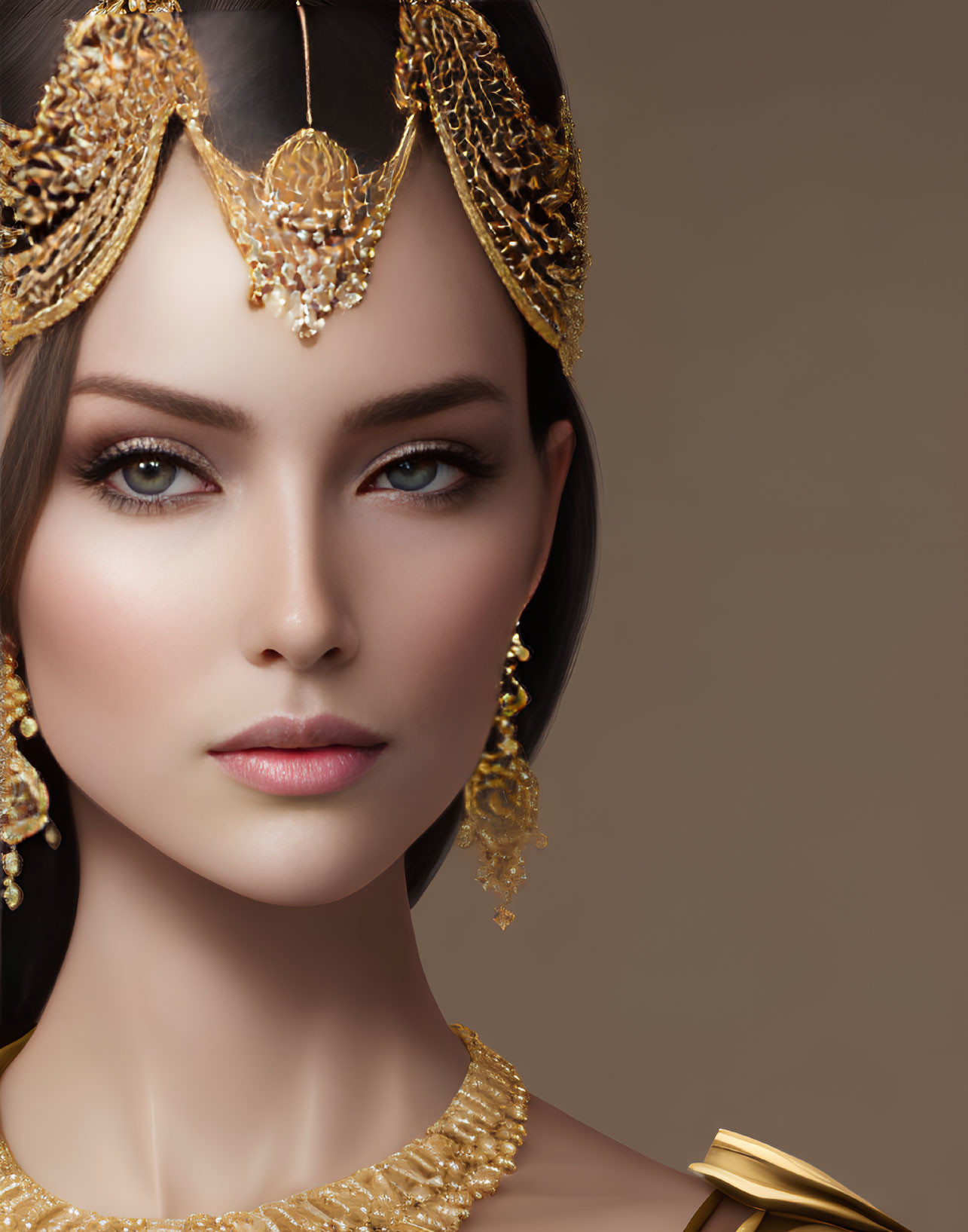 Woman adorned with ornate gold jewelry gazing ahead