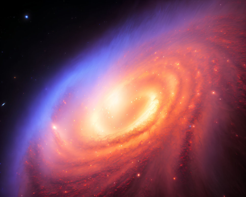 Colorful Spiral Galaxy with Red and Blue Swirling Arms in Dark Space