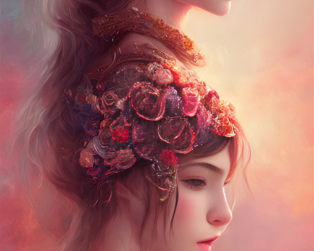 Two Women with Elaborate Floral Headdresses and Soft Pastel Background