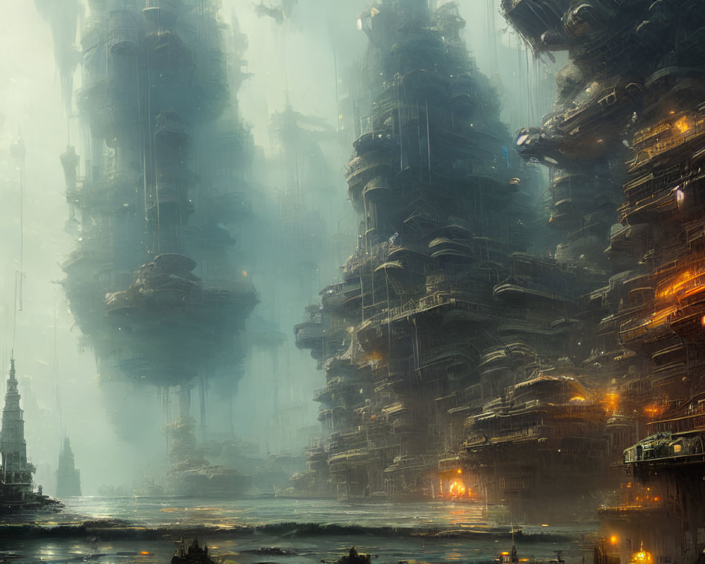 Futuristic cityscape with towering misty buildings and tranquil water surface