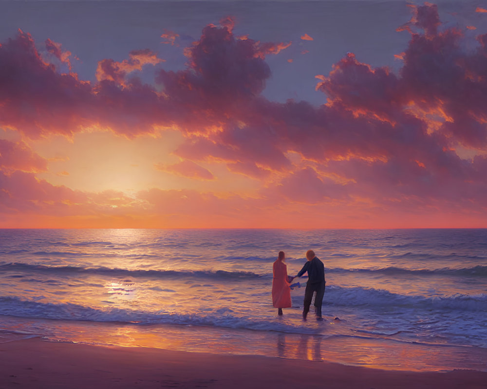 Two people by the sea with surfboard under vibrant sunset sky