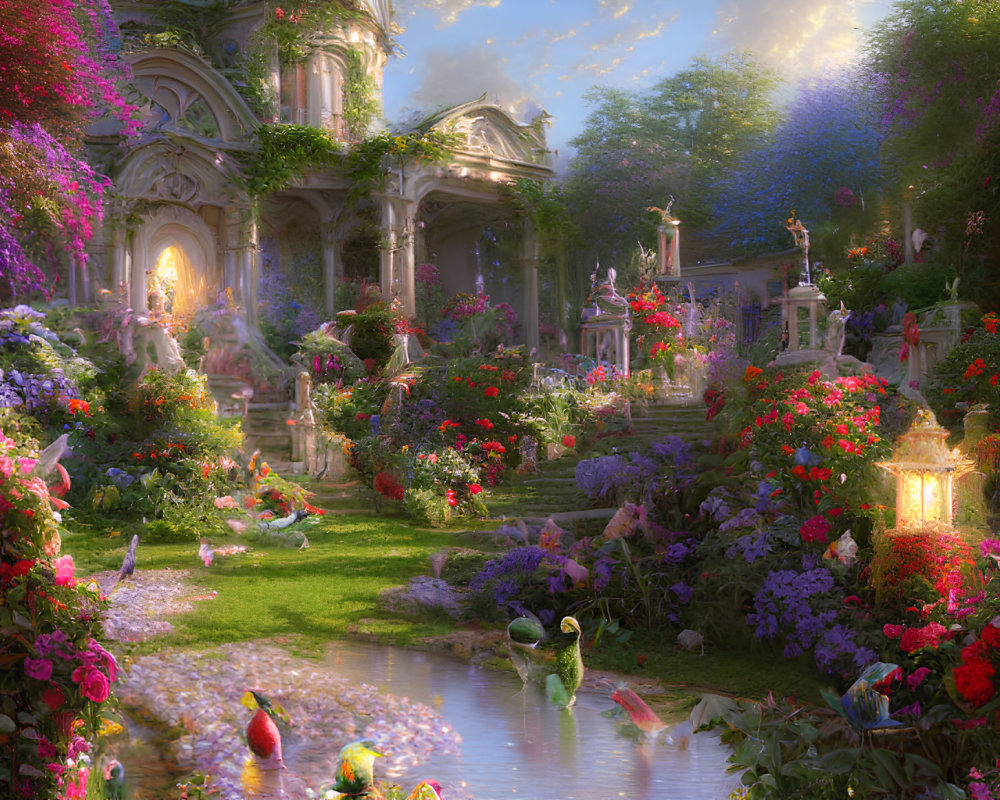 Lush Flower Garden with Pond, Architecture, and Whimsical Creatures