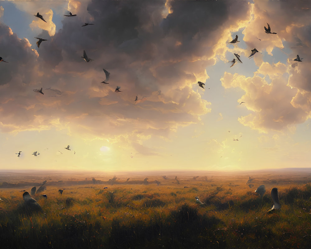 Tranquil sunset landscape with birds in golden sky