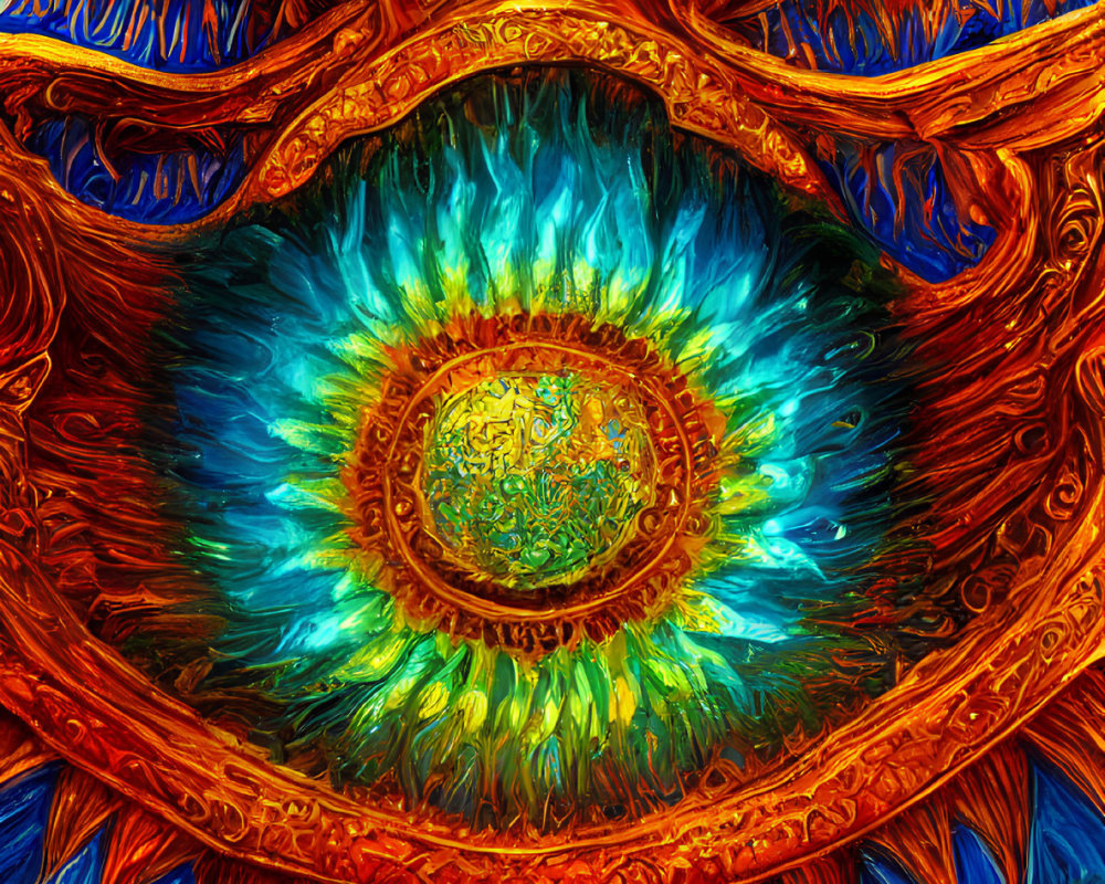 Abstract swirling patterns in fiery colors with central blue eye and two green eyes