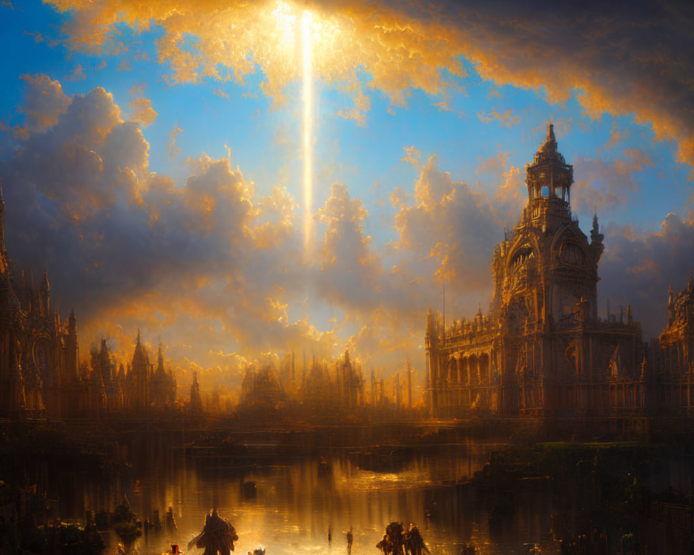 Fantasy cityscape with Gothic architecture by tranquil river