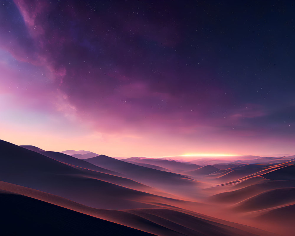 Starry night landscape with sand dunes under purple sky