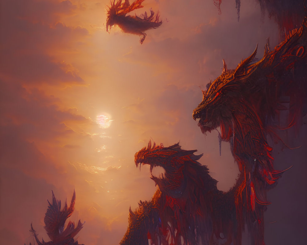 Dragons circling a sunlit axis in a mystical sky full of ancient magic