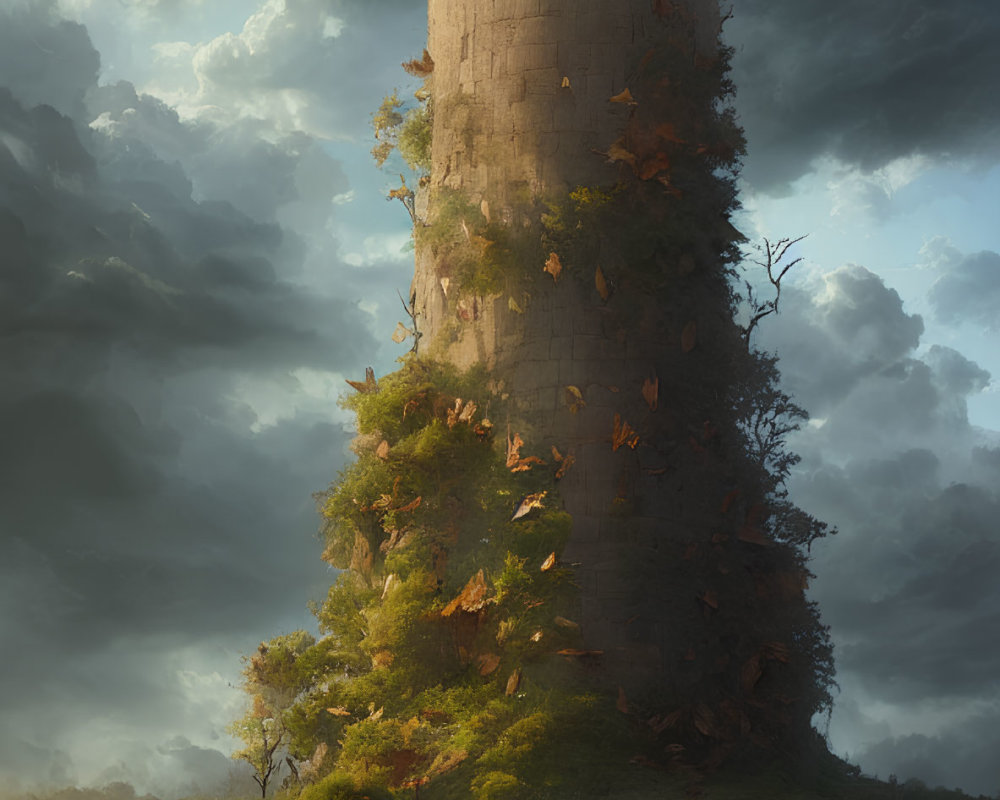 Solitary Stone Tower in Autumn Foliage Under Dramatic Sky