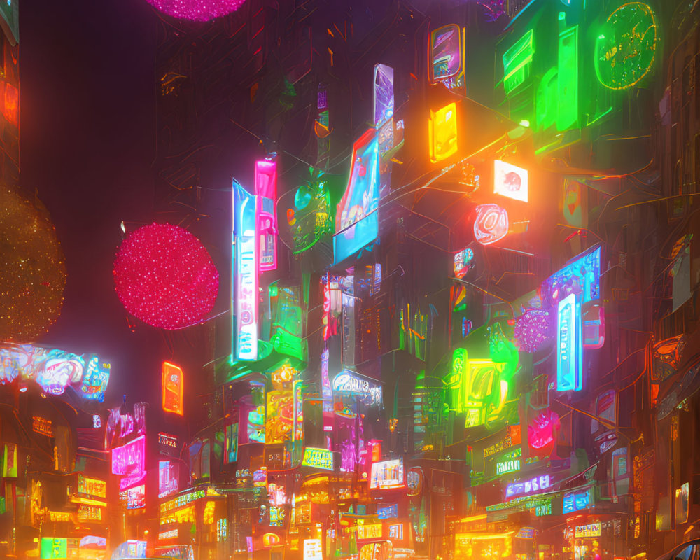 Vivid neon-lit futuristic cityscape at night with glowing billboards and holographic ads.