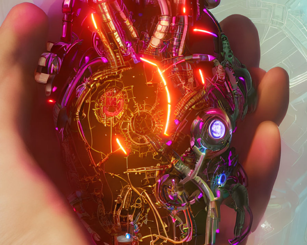 Detailed Mechanical Heart Held by Human Hand Against Futuristic Background