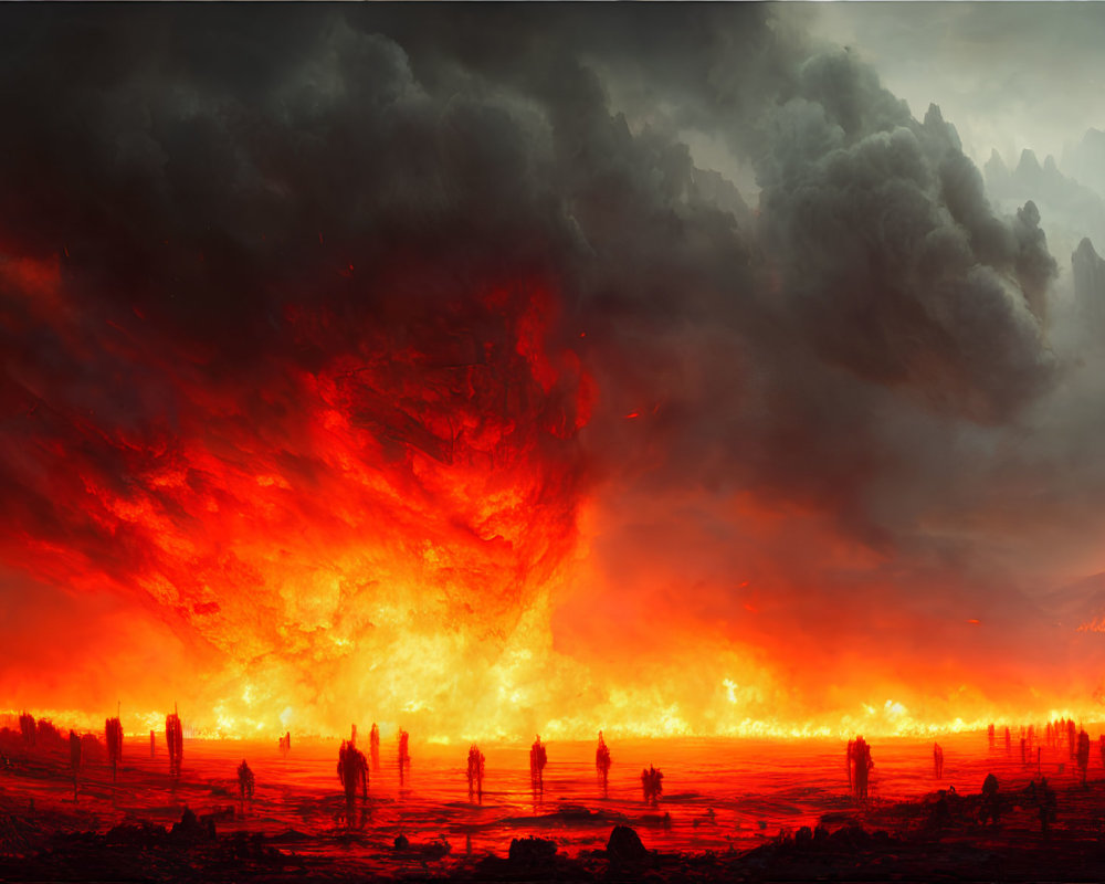 Dramatic volcanic eruption with vast lava flow and billowing smoke