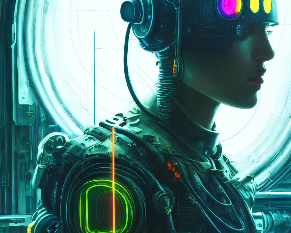 Futuristic humanoid robot digital artwork with detailed helmet and illuminated visor