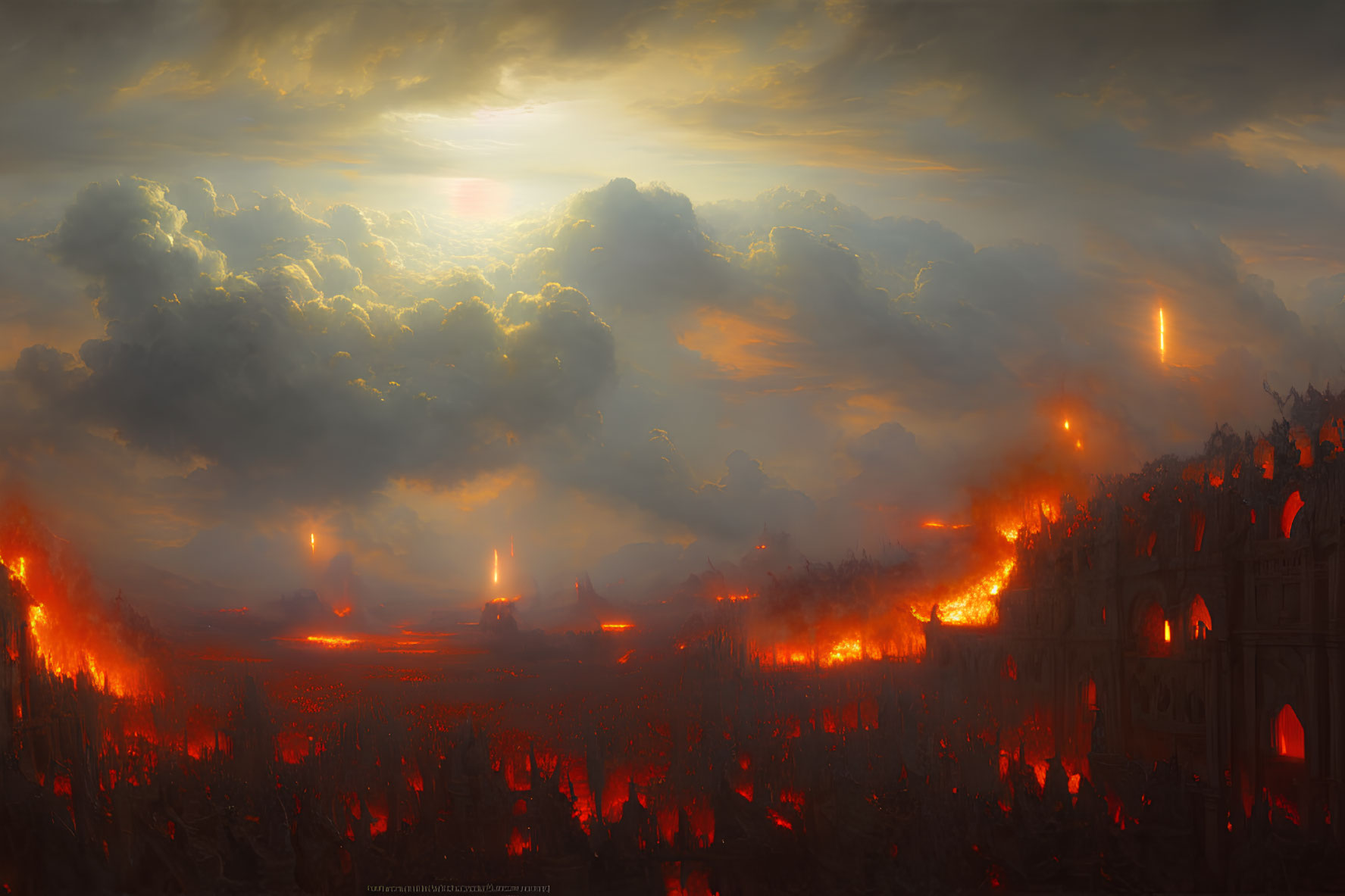 Glowing red sky over fiery landscape and engulfed structures