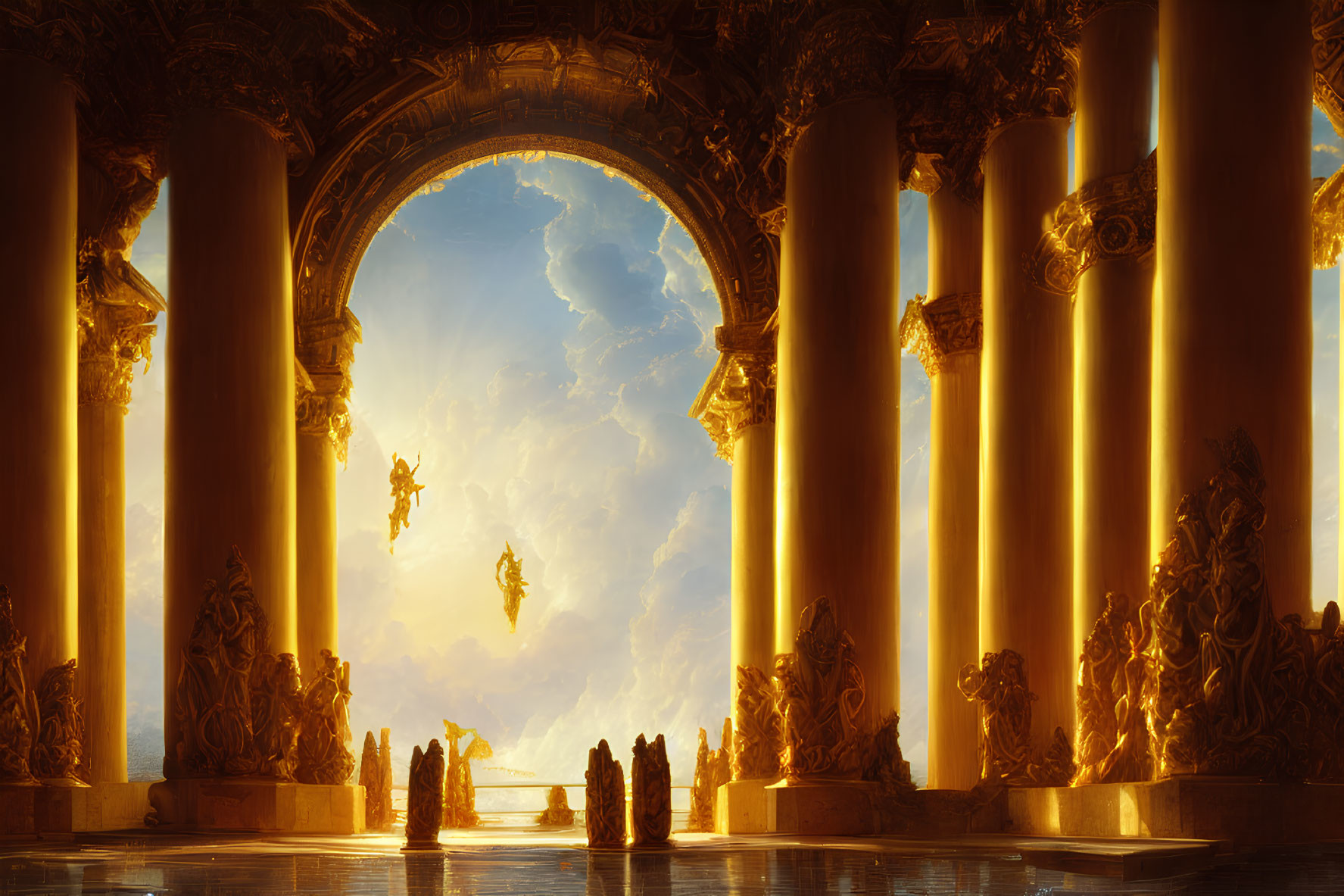 Ornate Hall with Golden Columns and Sky View of Floating Figures