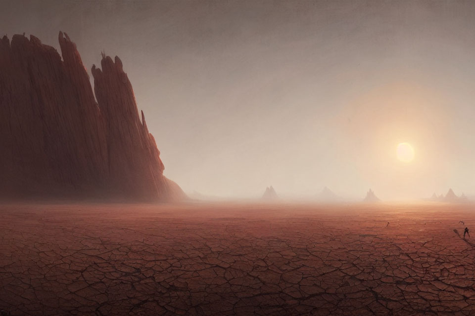 Barren desert landscape with cracked ground, rock formations, and figure under dusky sky