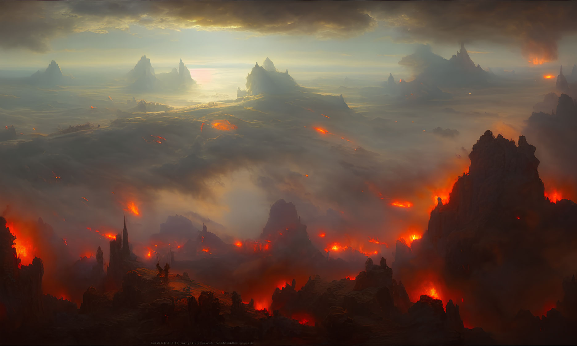 Expansive volcanic landscape under fiery sunset