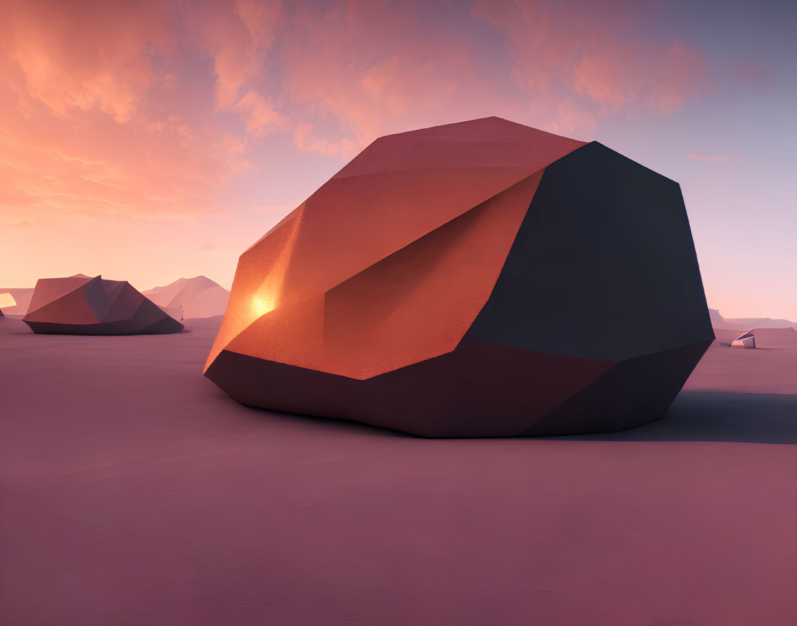 Geometric crystalline structure under pink sunset sky