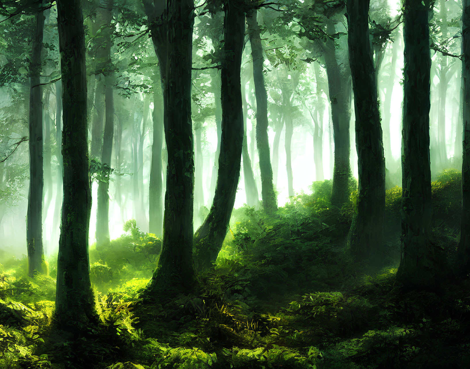 Lush green forest with tall trees and vibrant undergrowth