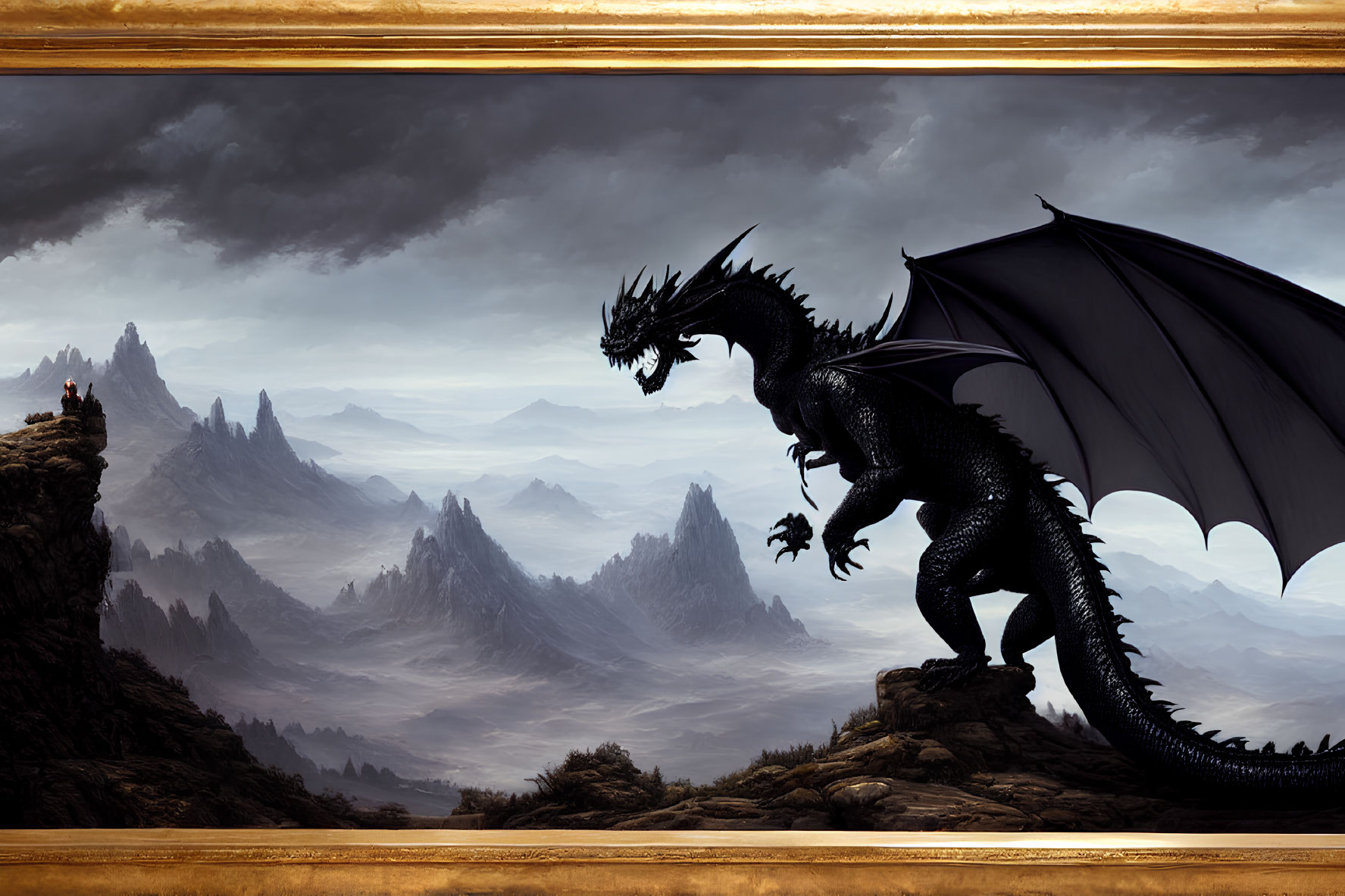 Black Dragon Perched on Cliff Amid Stormy Mountains