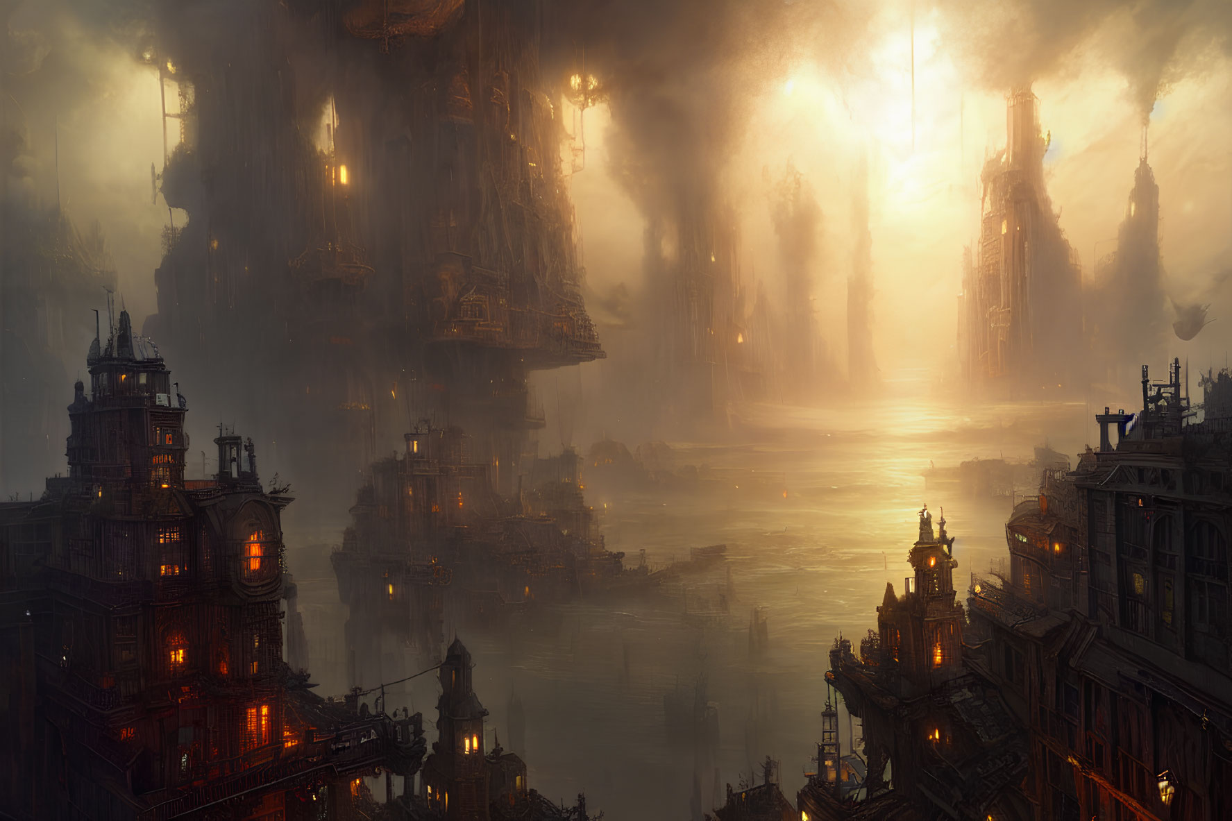 Gothic cityscape in golden fog over water