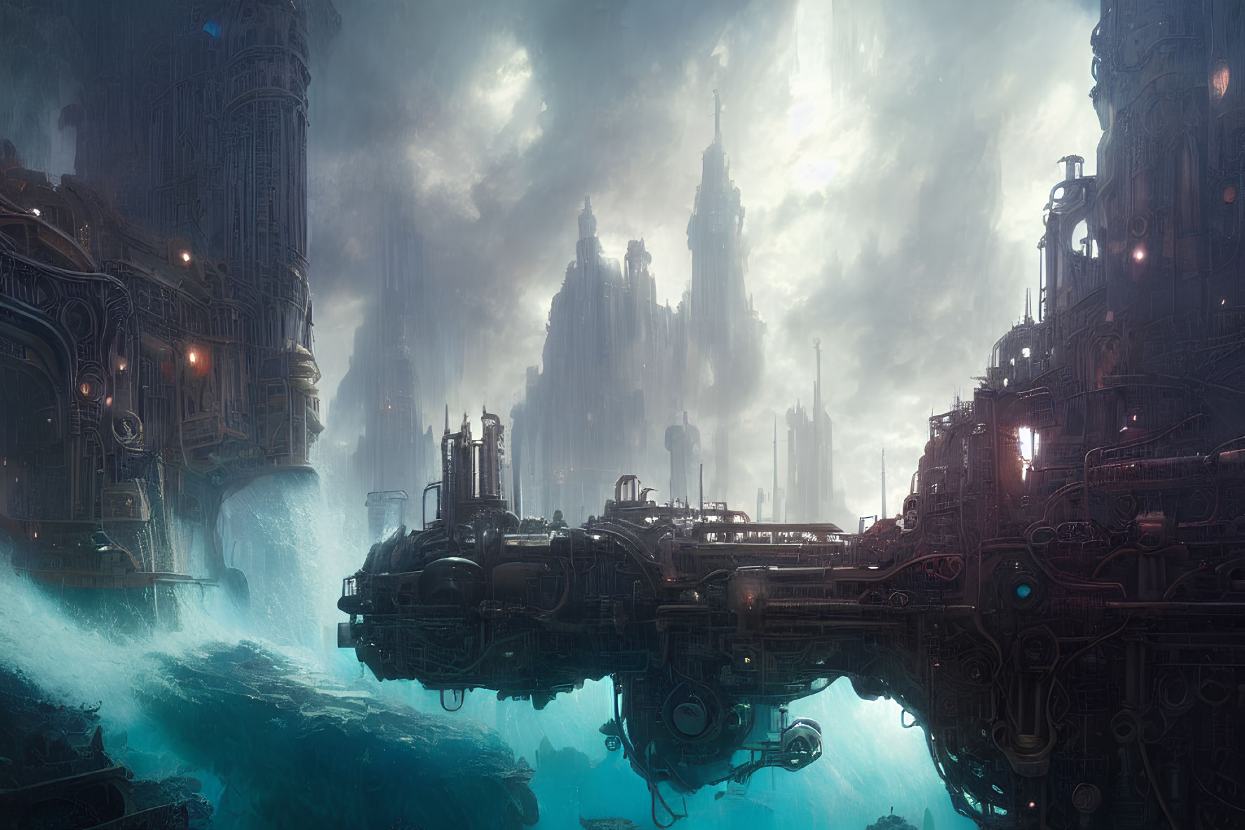 Futuristic cityscape with skyscrapers, waterfalls, and blue lighting