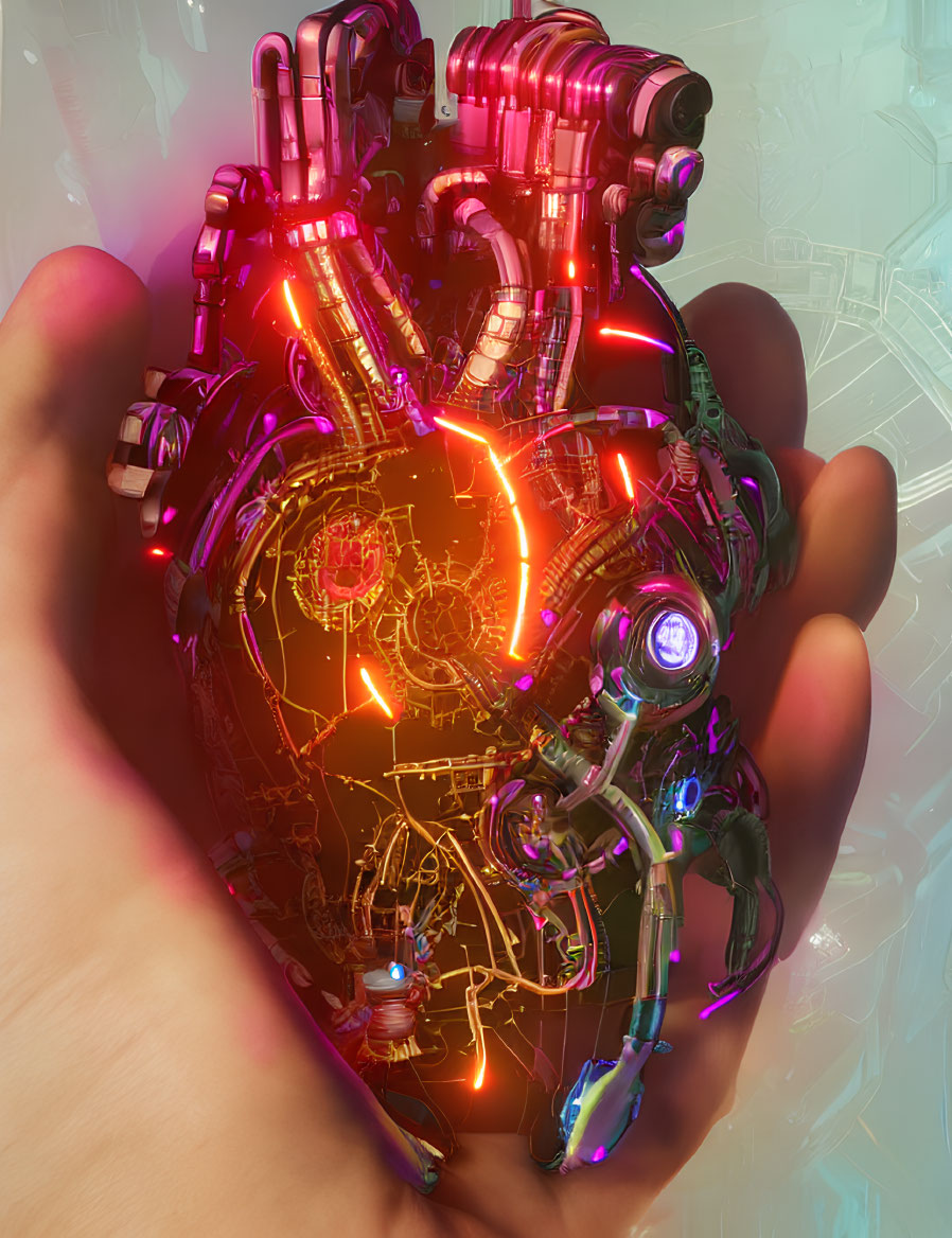 Detailed Mechanical Heart Held by Human Hand Against Futuristic Background