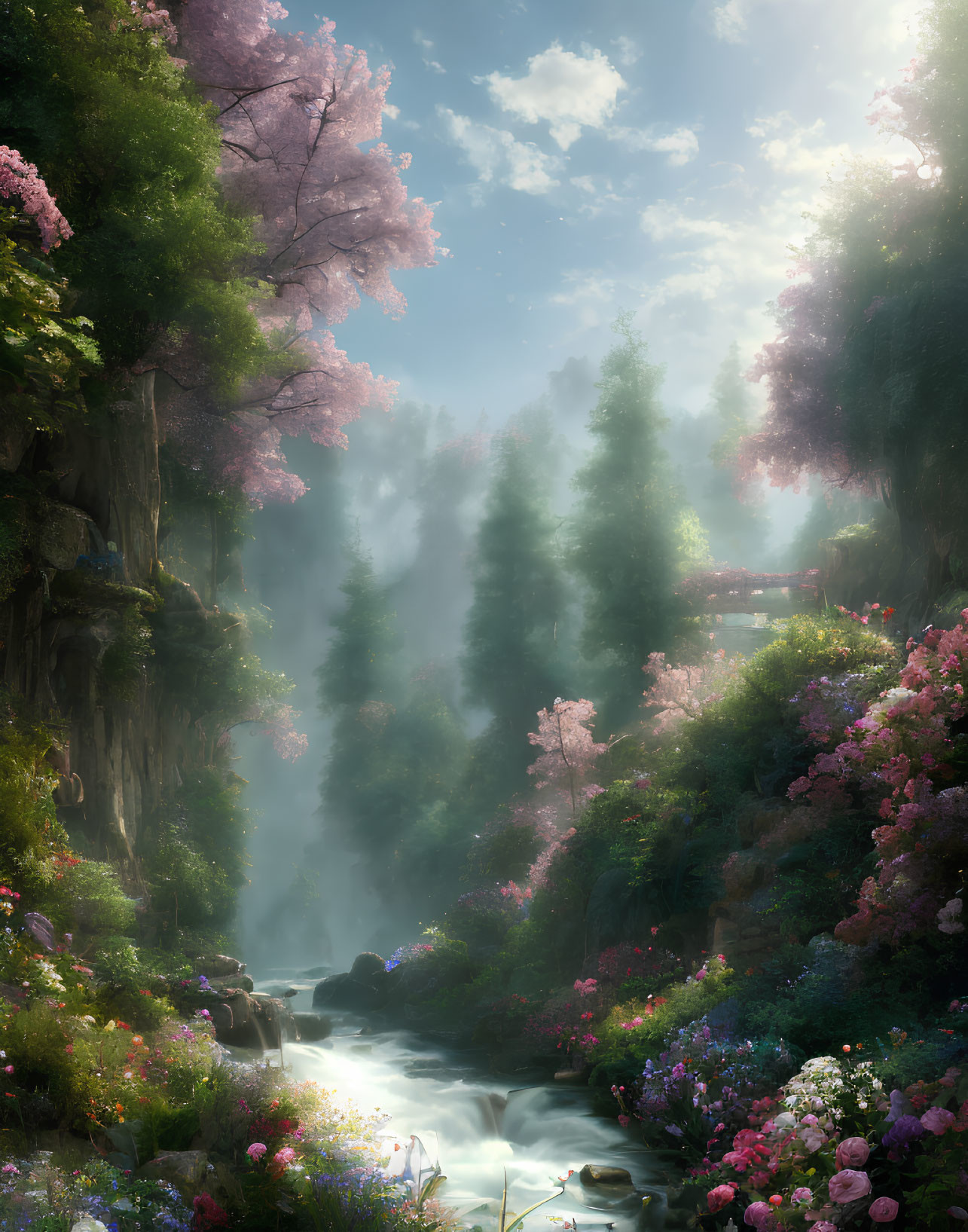 Tranquil woodland stream with cherry blossoms and misty bridge