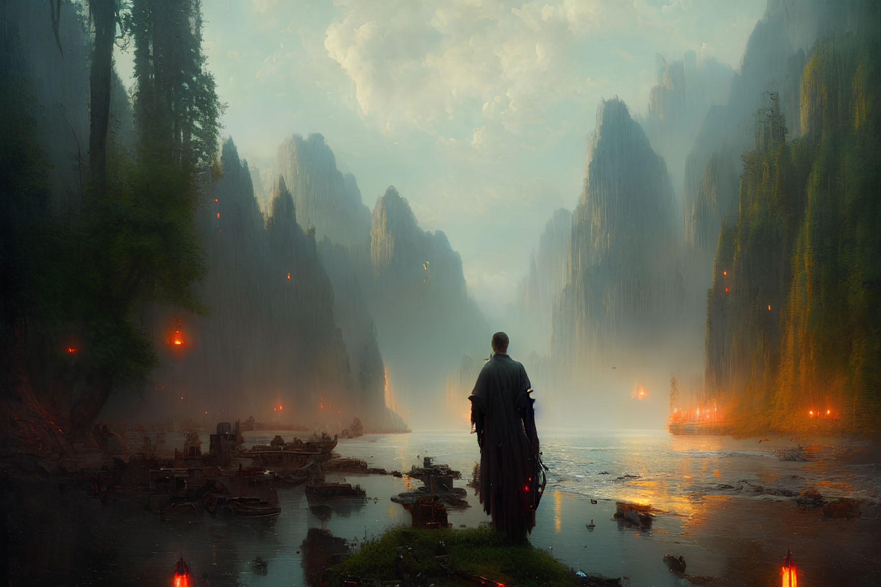 Misty landscape with cliffs, river, and glowing lanterns at dusk