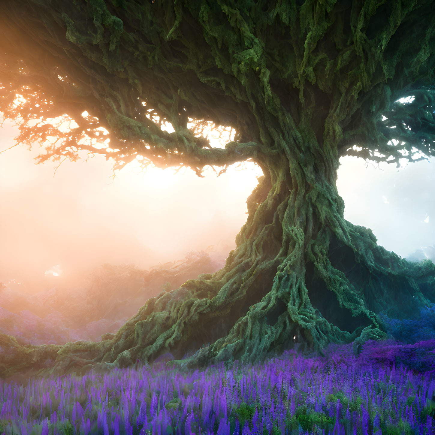 Moss-covered tree in misty sunrise over purple flower field