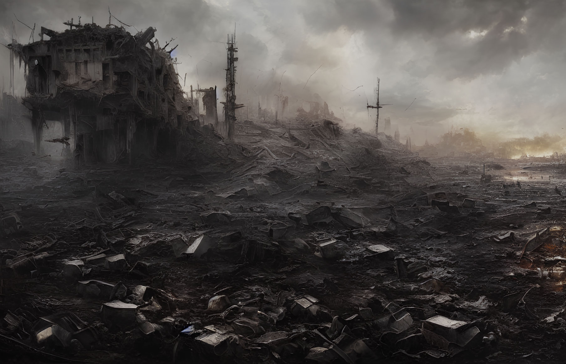 Desolate post-apocalyptic landscape with ruined buildings and debris