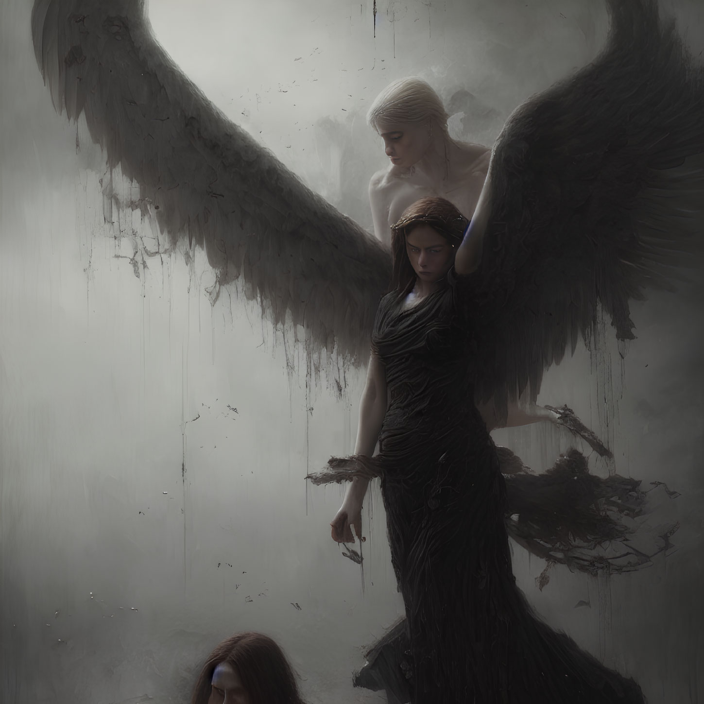 Three individuals with dark wings in emotional scene.