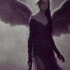 Melancholic angel under full moon with large wings