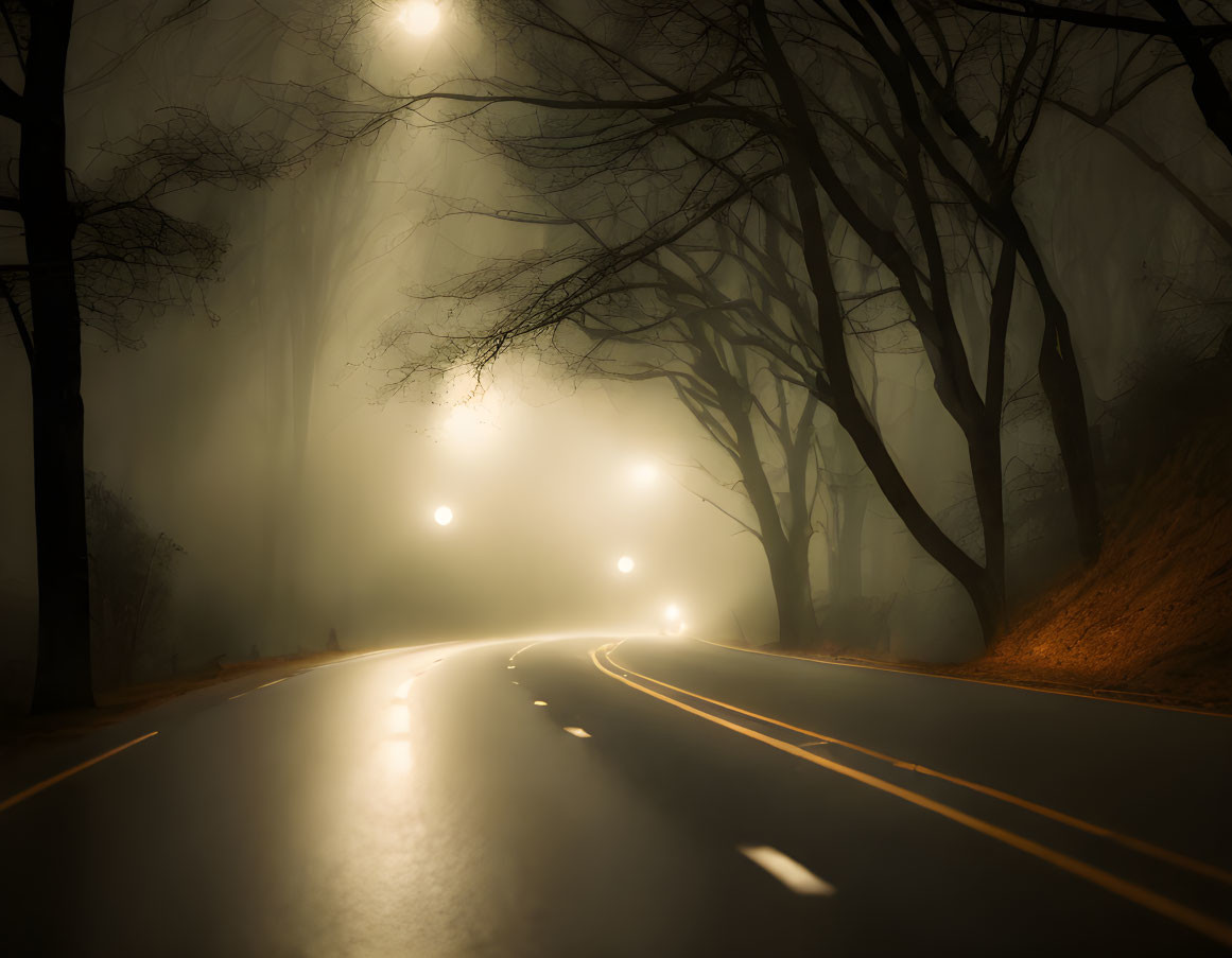 Foggy Night Road with Glowing Lamps and Headlights