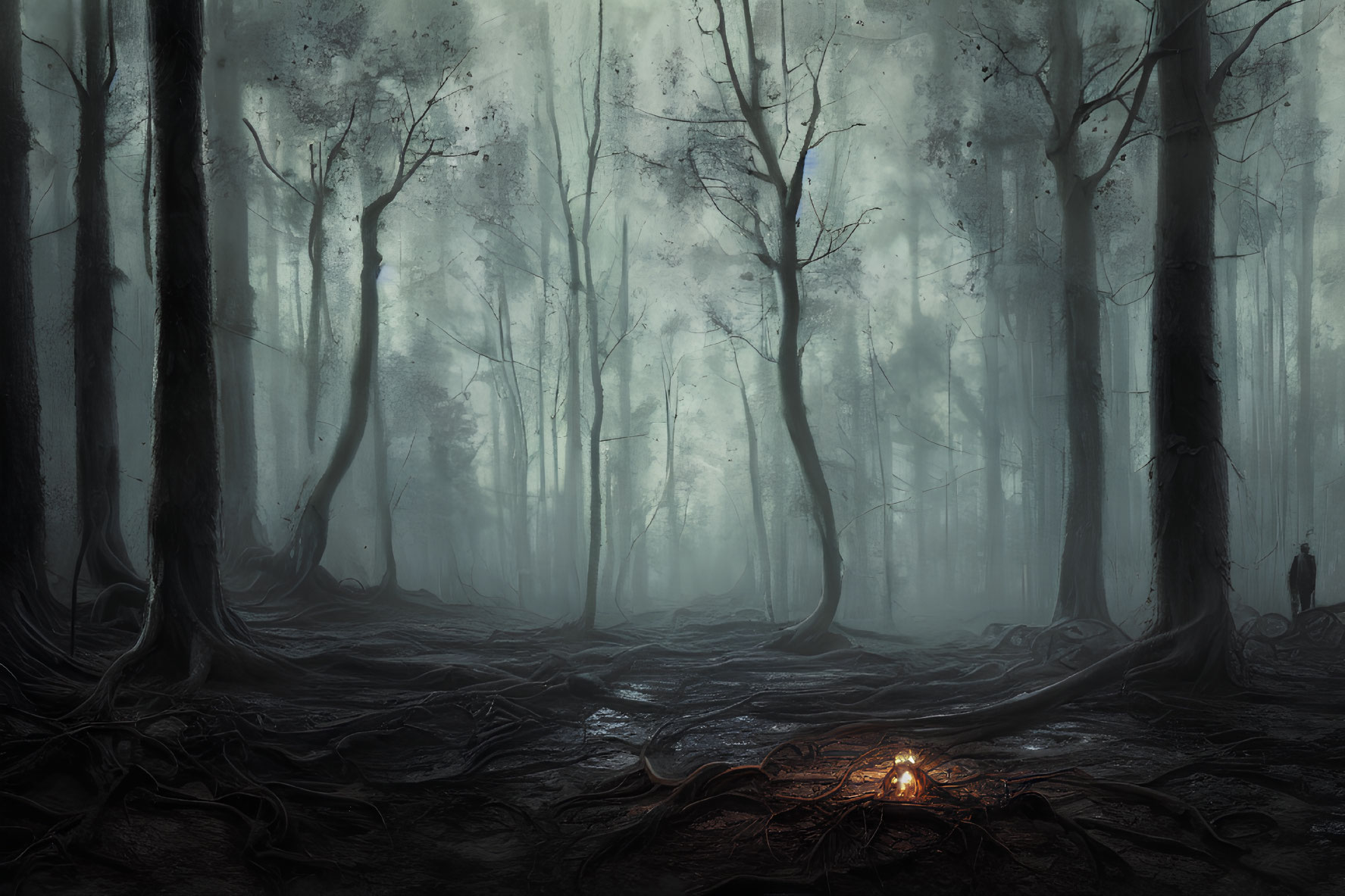 Solitary figure in misty, gloomy forest with small fire