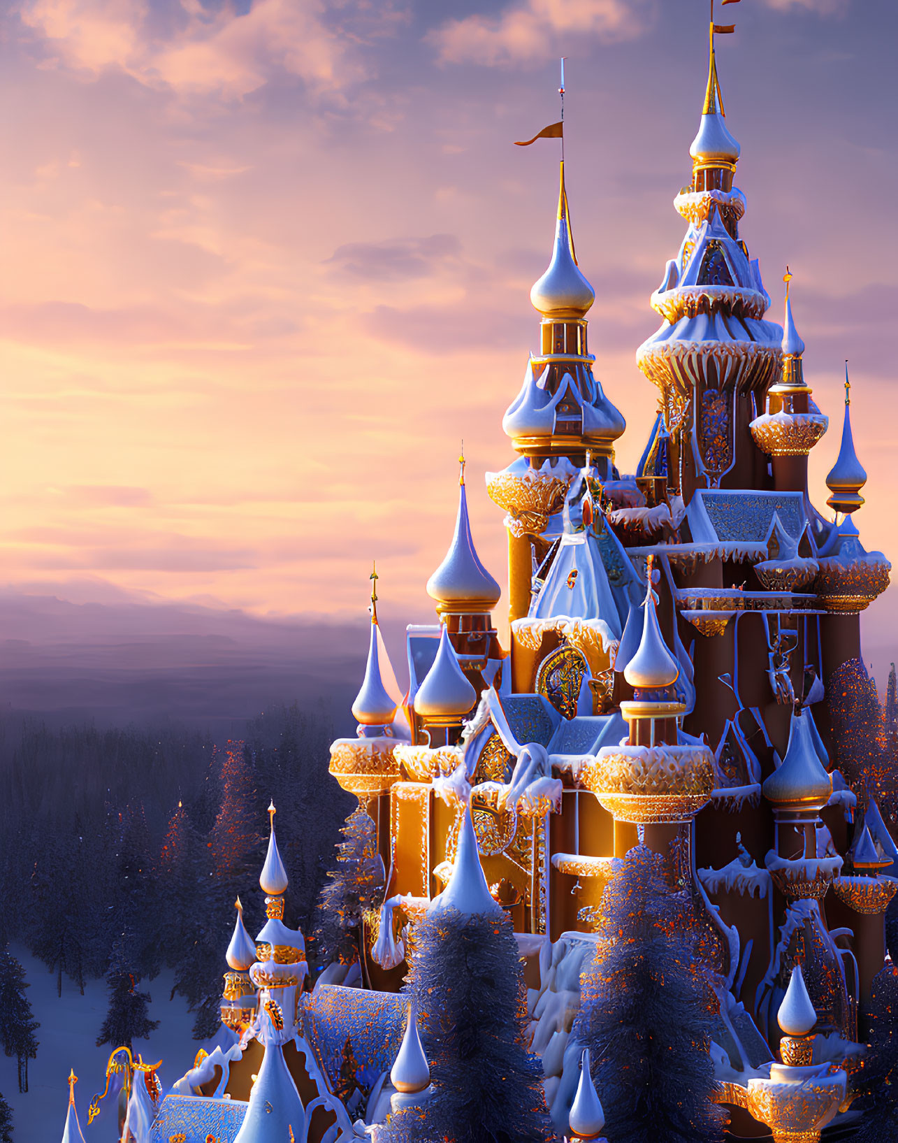 Snow-covered castle with golden accents in wintry forest at twilight