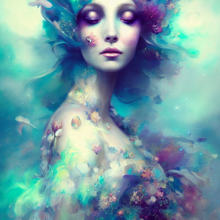 Vibrant pastel-hued flowers blend into ethereal female figure