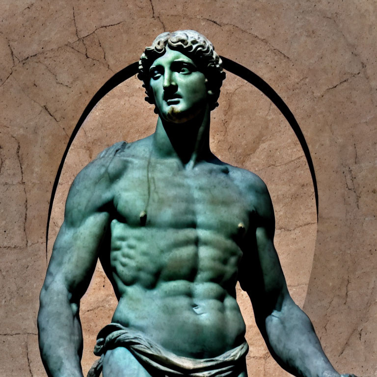 Muscular male statue with curly hair and draped cloth on brown background