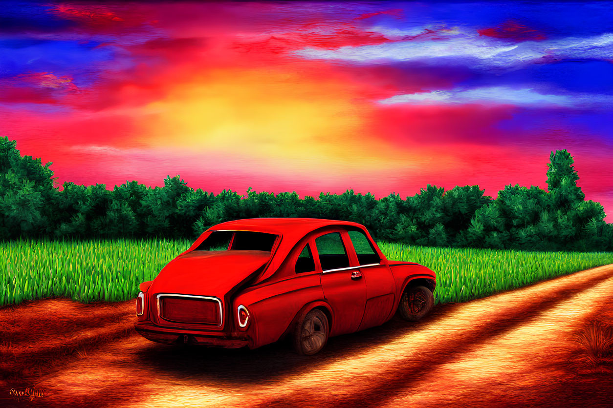 Illustration of red vintage car by dirt road at sunset