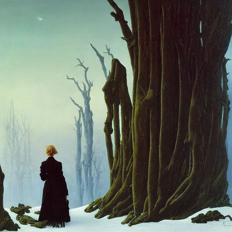 Mysterious figure in black cloak at eerie forest edge