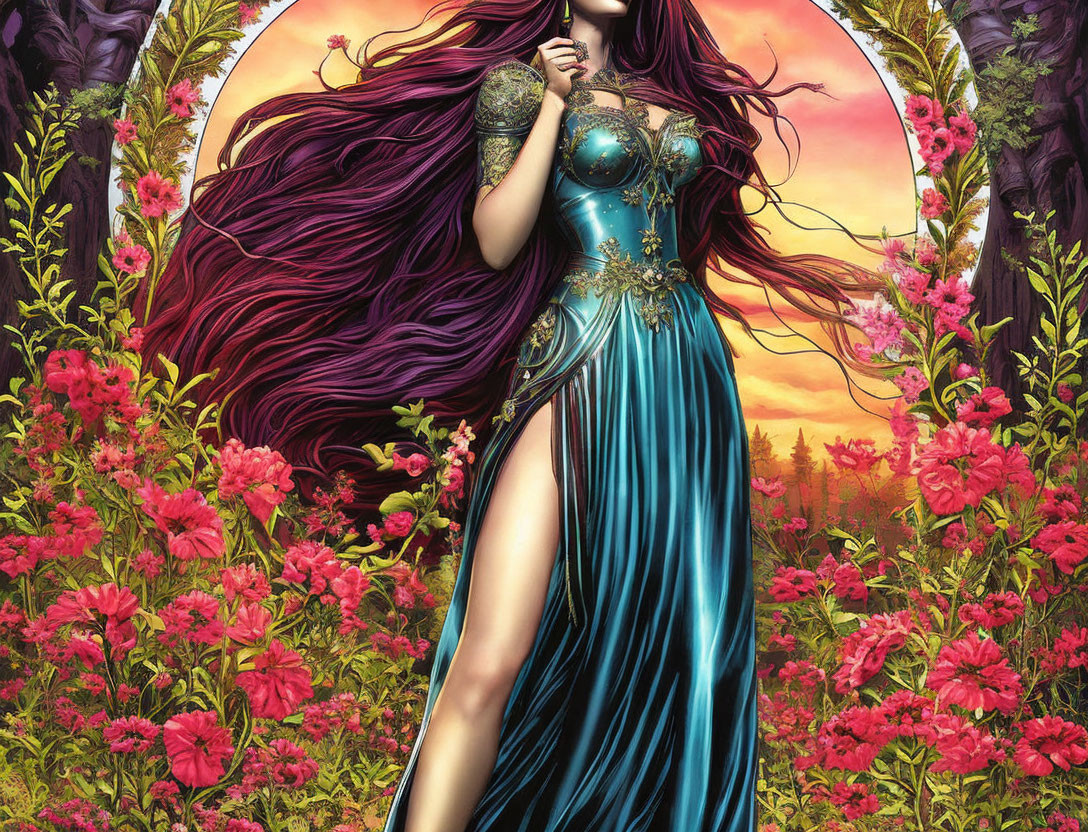 Burgundy-haired woman in teal and gold dress among red flowers at sunset