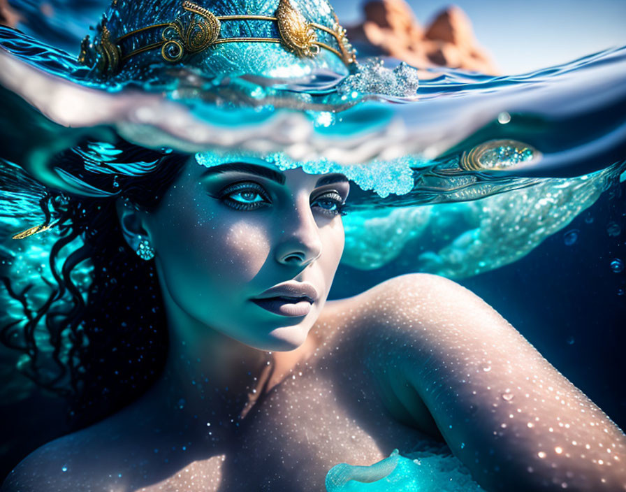 Underwater portrait of a woman with crown and bubbles