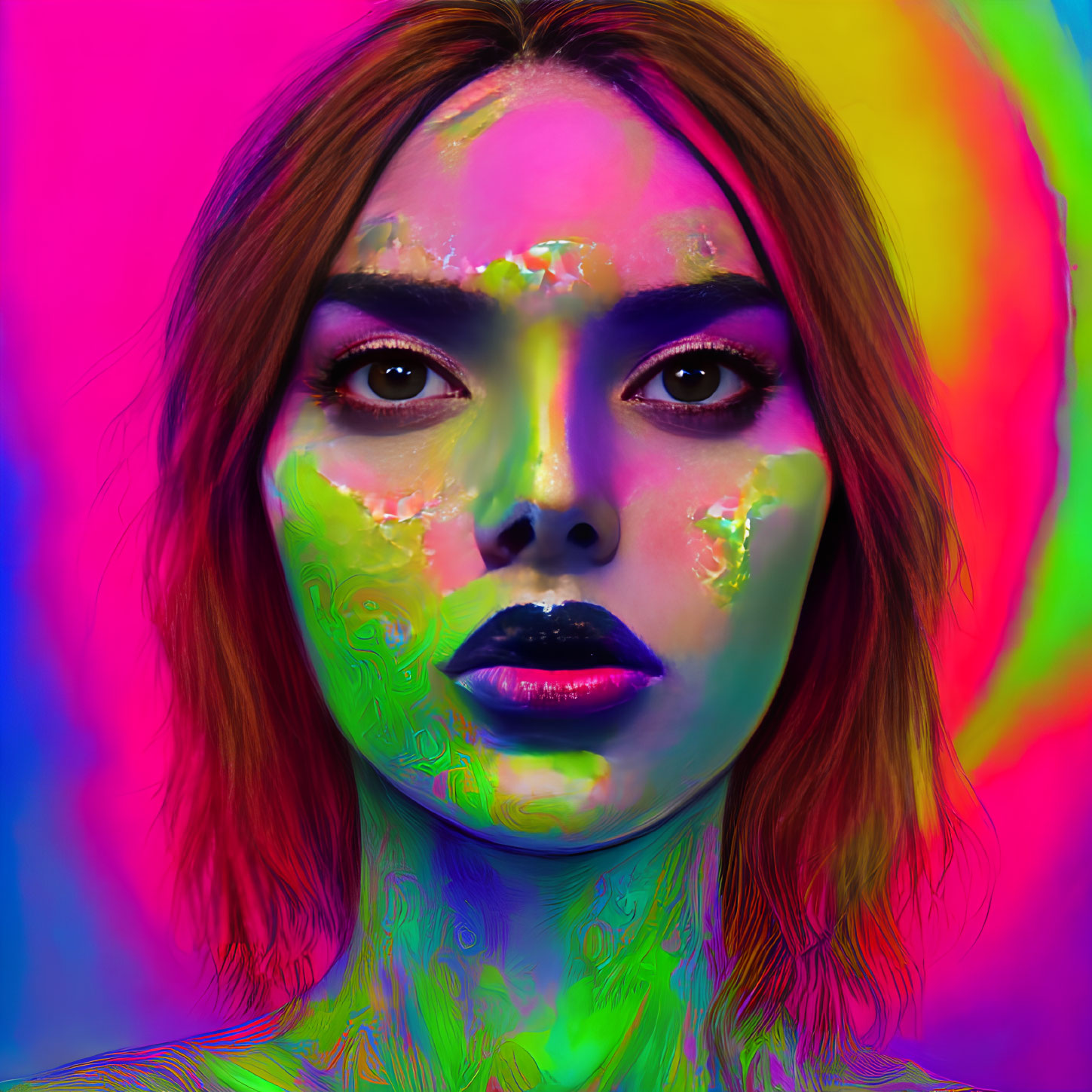 Vibrant neon makeup on woman against psychedelic backdrop