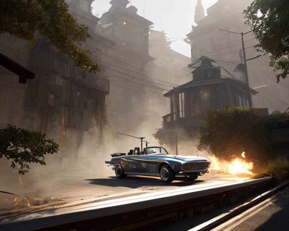 Vintage Car on Misty Street with Fire and Traditional Buildings in Urban Scene