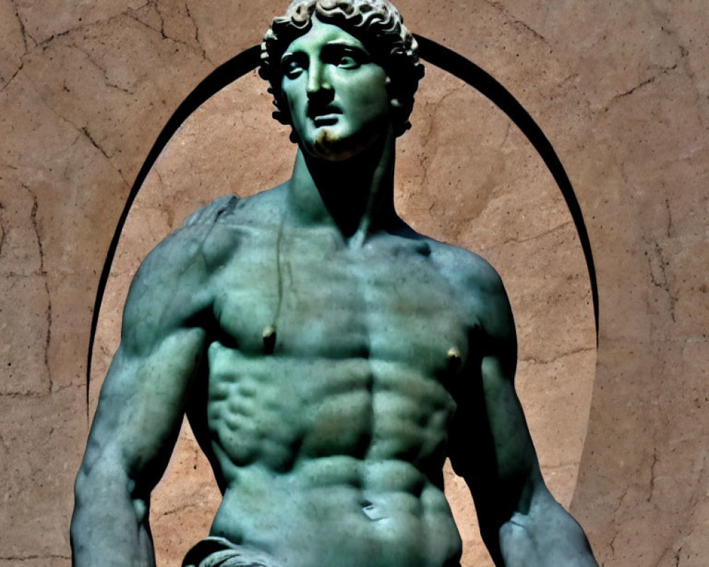 Muscular male statue with curly hair and draped cloth on brown background