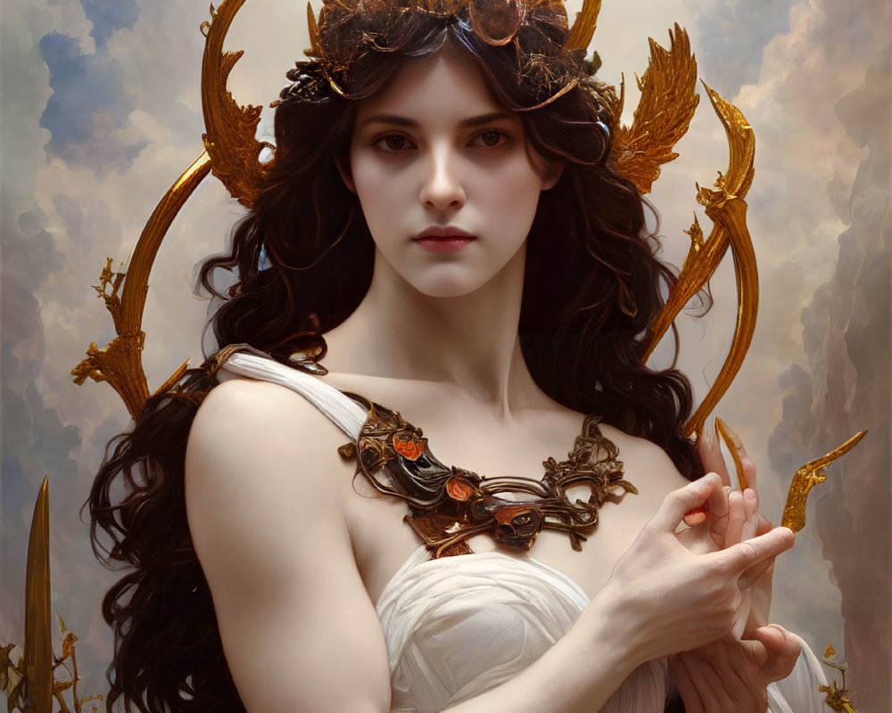 Ethereal woman in white gown with gold antler crown